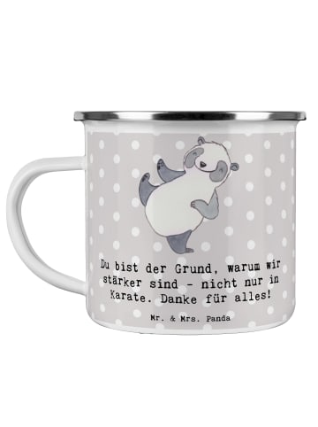 Mr. & Mrs. Panda Kaffeebecher Karate Trainerin Stärke mit Spruch in Grau Pastell