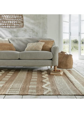 KADIMA DESIGN Teppich Hoch-Tief Struktur Gestreift, Ethno, Fransen in Natur-Weiß