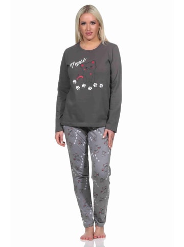 NORMANN Schlafanzug lang Pyjama Katzen - 77389 in grau