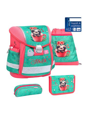 Belmil 4tlg-Set: Schulranzen Cute Sloth in türkis – (H)36 x (B) 32 x (T) 19 cm