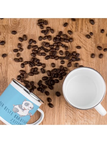 Mr. & Mrs. Panda Camping Emaille Tasse Bester Bräutigam mit Spruch in Sky Blue