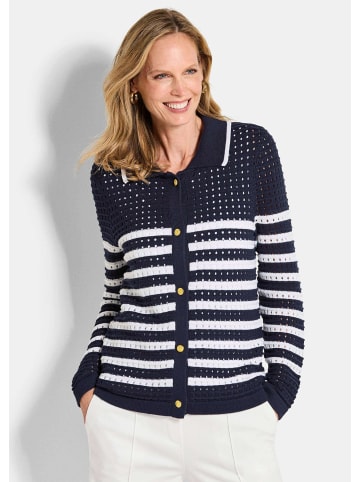 GOLDNER Polopullover mit Lochmuster in marine / weiß / gemustert