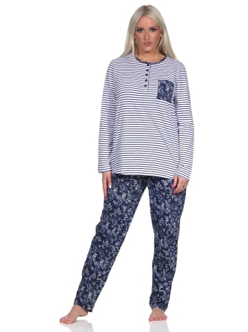 NORMANN Schlafanzug Pyjama lang Oberteil gestreift Hose Blümchenmuster - 72504 in weiss