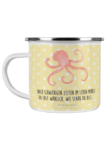 Mr. & Mrs. Panda Camping Emaille Tasse Tintenfisch mit Spruch in Gelb Pastell