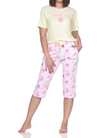 NORMANN Kurzarm Capri Schlafanzug Shorty Übergröße Cupcake in vanille