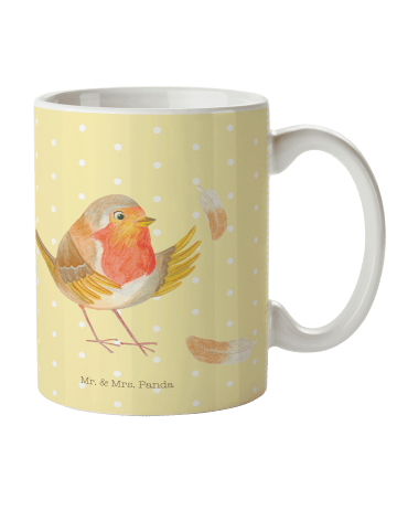 Mr. & Mrs. Panda Mehrwegbecher Rotkehlchen Federn ohne Spruch in Gelb Pastell