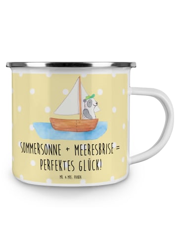 Mr. & Mrs. Panda Camping Emaille Tasse Sommer Meer Glück mit Spruch in Gelb Pastell
