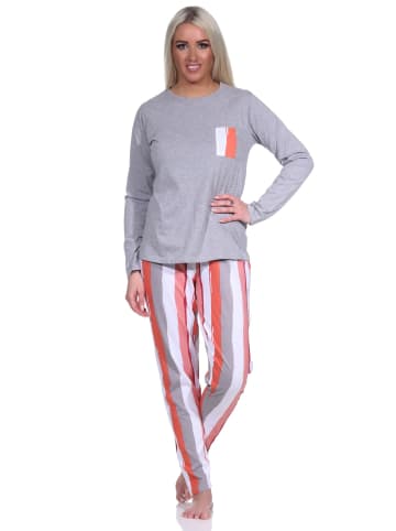 NORMANN Schlafanzug lang Farbzusammenspiel Blumen Streifen - 79814 in grau