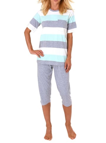 NORMANN Pyjama kurzarm Capri Hose Blockstreifen - 61846 in hellblau
