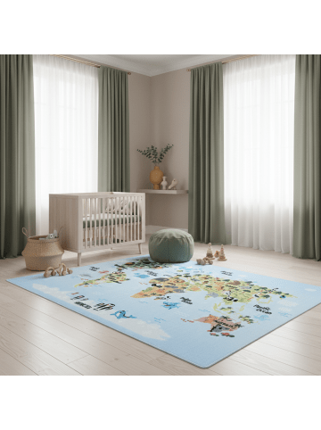 KADIMA DESIGN Teppich Kinder Weltkarte mit Tieren Polyamid rutschfest Kinderzimmer