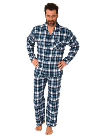 NORMANN Flanell Schlafanzug lang durchknöpfbare Pyjama Karo in marine