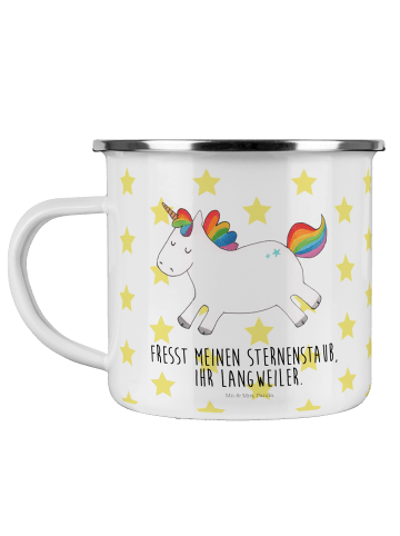 Mr. & Mrs. Panda Camping Emaille Tasse Einhorn Happy mit Spruch in Weiß