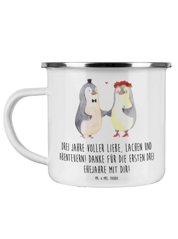 Mr. & Mrs. Panda Camping Emaille Tasse 3. Hochzeitstag Lederhoch... in Weiß