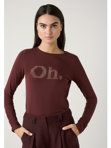 More & More softes Langarmshirt mit Steinchen-Schrift in raisin brown