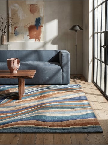 KADIMA DESIGN Teppich Wolle Handgetuftet DERWENT Wellen Muster Wohnzimmer in Multicolor-Blau