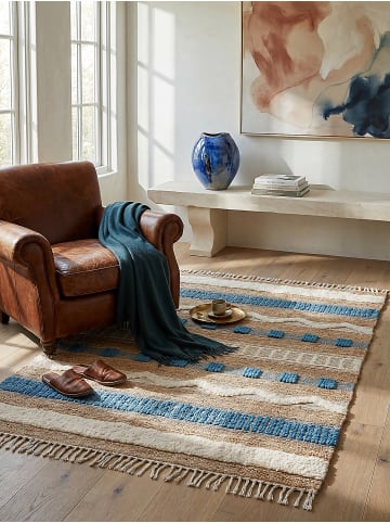 KADIMA DESIGN Naturfaser-Teppich Handgewebt WHARFE Boho Gestreift Wohnlich in Natur-Blau