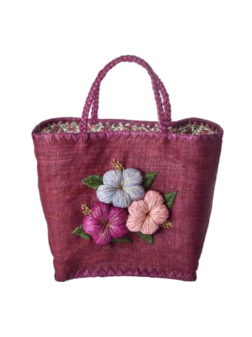 Rice Große Raffia Tasche mit Blumenstickerei in pflaume