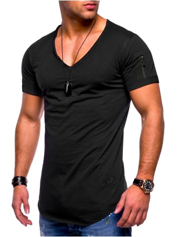 SOUL STAR T-Shirt - BHKNINB Basic Kurzarm Oversized Shirt V-Ausschnitt Zipper in Schwarz