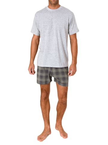 NORMANN Schlafanzug kurzarm Shorty mit karierter Jersey Hose - 86233 in grau
