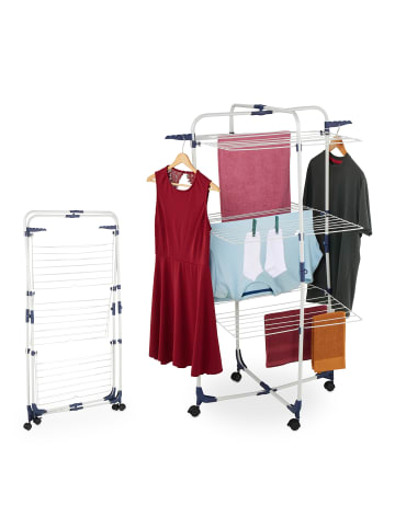 relaxdays Turmwäscheständer in Weiß/ Blau - (B)70 x (H)135 x (T)70 cm