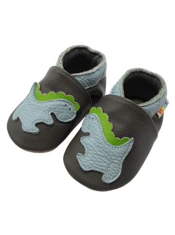 Yalion Baby-Lederlaufschuhe mit rutschfester Sohle – Grau mit Dinosauriermuster 