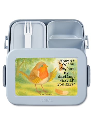 Mr. & Mrs. Panda Brotbox Rotkehlchen Federn Design mit Spruch in Blau Pastell