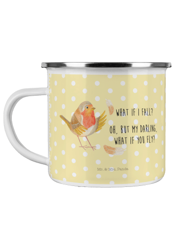 Mr. & Mrs. Panda Kaffeebecher Rotkehlchen Federn mit Spruch in Gelb Pastell