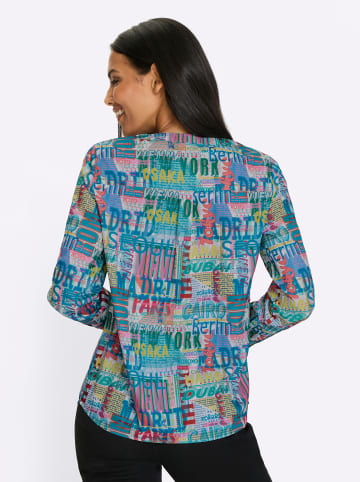 Sieh an! Langarm-Bluse in weiß-türkis-bedruckt