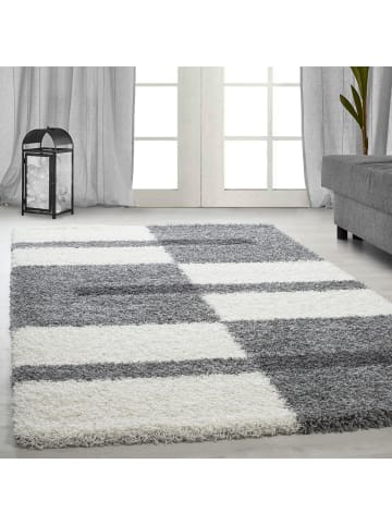 KADIMA DESIGN Teppich Hochflor Shaggy Karo Design Polypropylen Wohnzimmer in Hellgrau