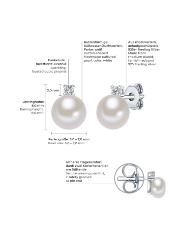 Valero Pearls Ohrstecker Sterling Silber Süßwasser-Zuchtperle weiß Zirkonia weiß in weiß