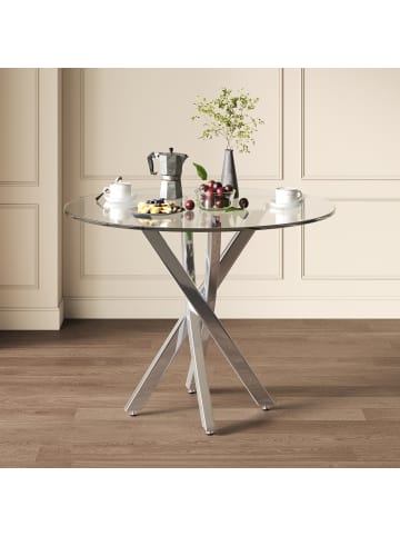 ABRIHOME Esstisch in Silber mit Glasplatte 80x80x75 cm Runder Tisch
