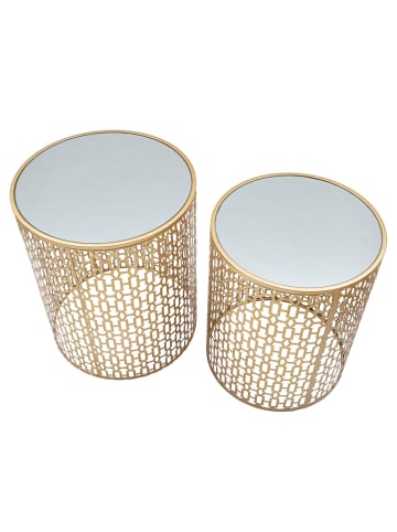 Mauro Ferretti Set aus 2 geschnitzten Goldmetalltischen Ø cm 41x50-37,5x47