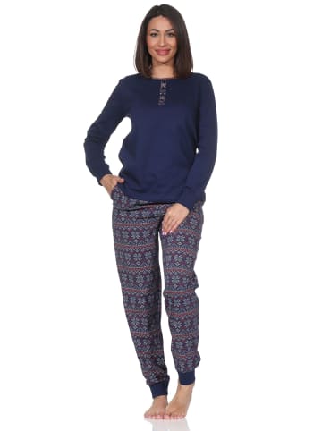 NORMANN Langarm Schlafanzug Pyjama Bündchen Ethnolook in marine
