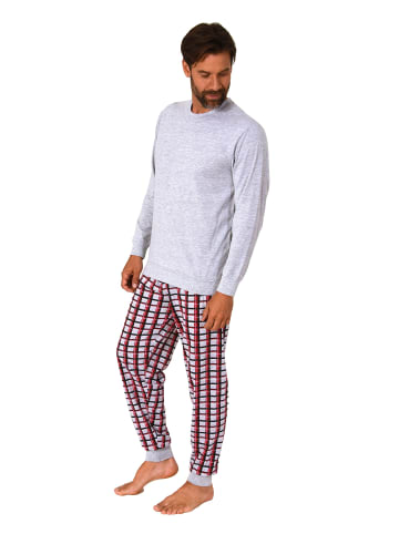 NORMANN langarm Schlafanzug Pyjama Bündchen und karierter Jersey Hose - 83213 in grau