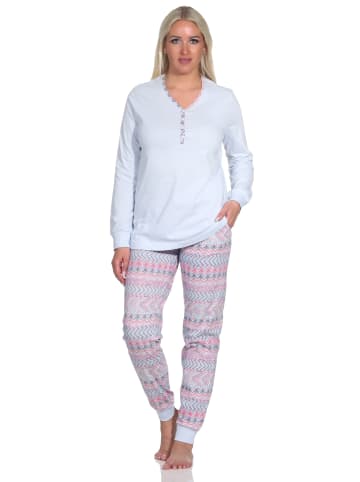 NORMANN Langarm Schlafanzug Pyjama Bündchen Ethnolook in hellblau