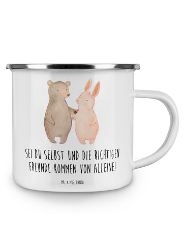 Mr. & Mrs. Panda Emaille Tasse Neue Freunde finden mit Spruch in Weiß