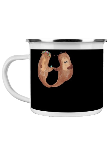 Mr. & Mrs. Panda Emaille Tasse Scherben Polterabend mit Spruch in Schwarz