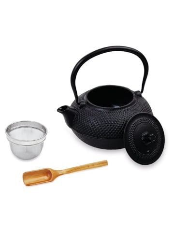 Lumaland Teekanne Gusseisen 1400ml schwarz mit Bambuslöffel & Sieb Schwarz