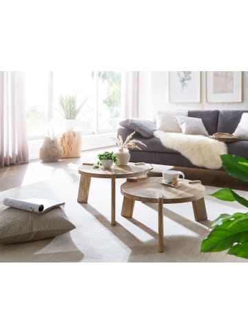 KADIMA DESIGN 2er Set Couchtische aus Mango Massivholz mit Messing Zierstreifen in Beige