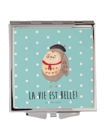 Mr. & Mrs. Panda Schminkspiegel Eule Frankreich mit Spruch in Türkis Pastell