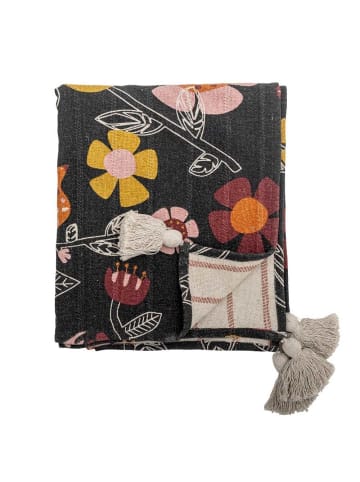Bloomingville Decke VIVIELLE Schwarz mit Bunten Blumen und Beigen Quasten 160x130 cm