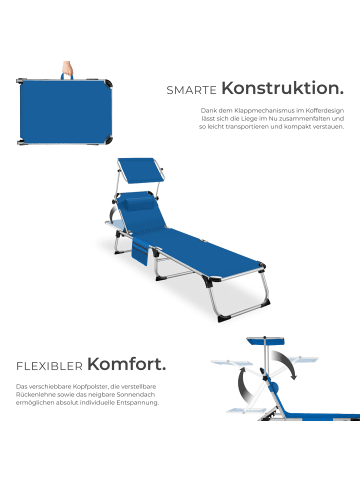 tectake klappbare Aluminium Sonnenliege mit Seitentasche, 218 x 60 x 33,5 cm