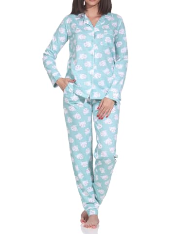 NORMANN Langarm Jersey Pajama Katzen Optik Übergröße in türkis