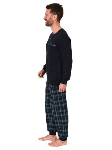 NORMANN Schlafanzug Pyjama Bündchen und karierter Jersey Hose - 75247 in marine