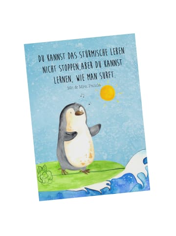 Mr. & Mrs. Panda Postkarte Pinguin Surfer mit Spruch in Eisblau
