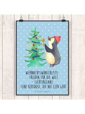 Mr. & Mrs. Panda Plakat Pinguin Weihnachtsbaum mit Spruch in Blau Pastell