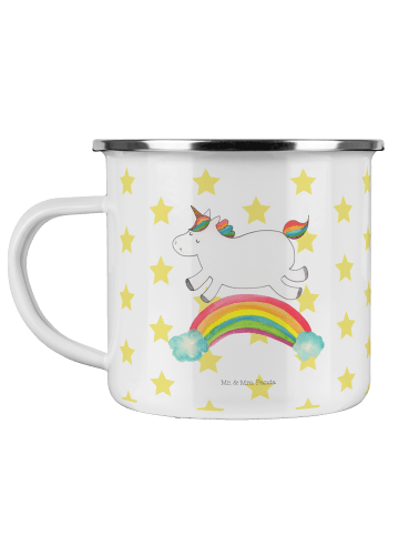 Mr. & Mrs. Panda Camping Emaille Tasse Einhorn Regenbogen ohne S... in Weiß