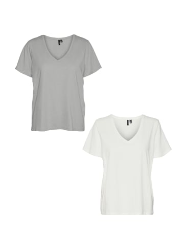 Vero Moda T-Shirt 2er-Set Basic V-Ausschnitt Top in Grau-Weiß