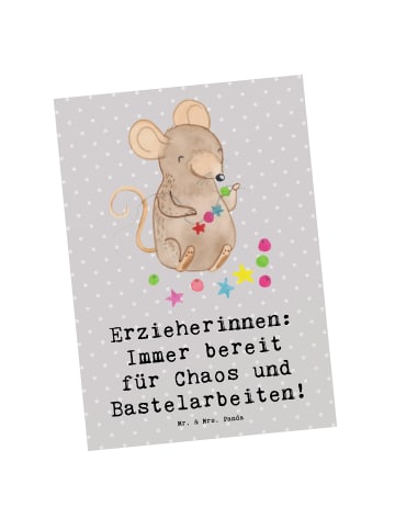 Mr. & Mrs. Panda Postkarte Erzieherin Chaos mit Spruch in Grau Pastell