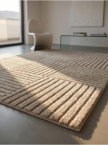 KADIMA DESIGN Hochflorteppich 3D Bögen Boho Waschbar Wohnzimmer in Beige